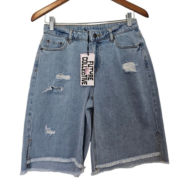 Future Collective Denim Shorts Womens Size 2 Medium Wash High Rise Distressed - Picture 1 of 12